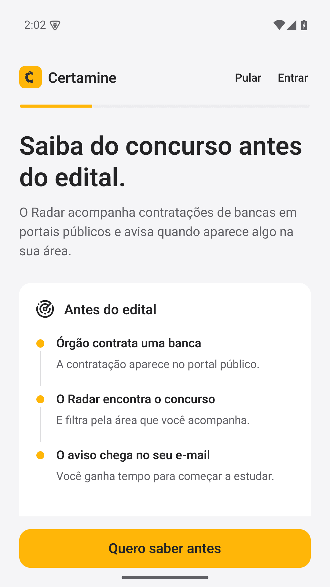 Tela do Certamine no Android apresentando o Radar de concursos e o acompanhamento de bancas contratadas.